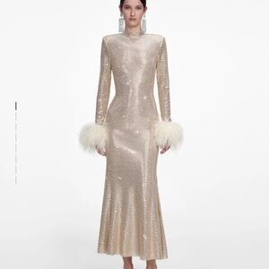 Self-portrait CHAMPAGNE RHINESTONE FEATHER MIDI DRESS $970 NEW with tag